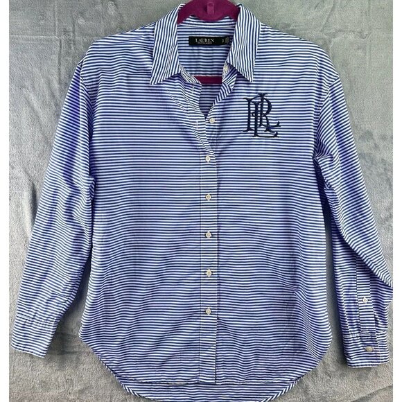 LAUREN RALPH LAUREN Strip Cotton Broadcloth Shirt Women's Size Small Embroidered - Picture 2 of 16
